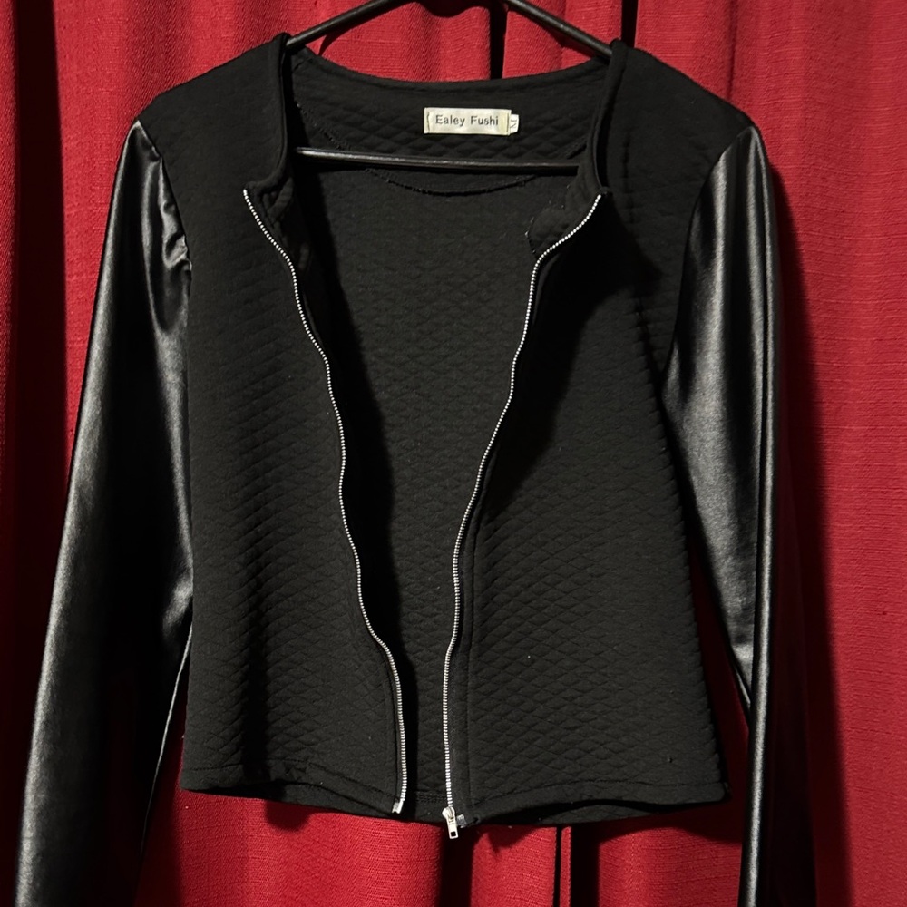 Black Women's Full-zip Blazer Jacket Quilted body Faux Leather Sleeves Small
